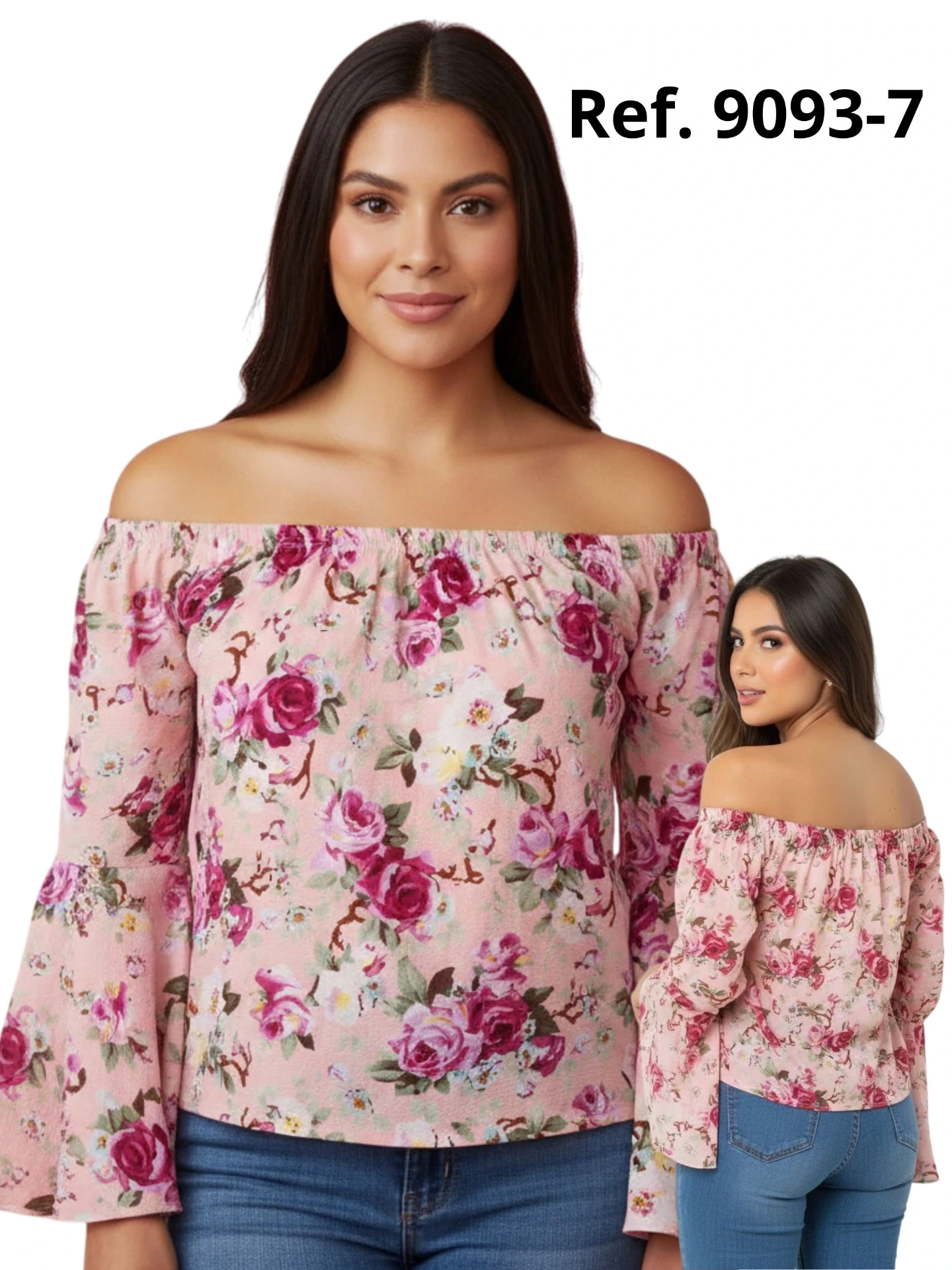 Women's Pink Floral Off-Shoulder Bell-Sleeve Blouse 9093-7