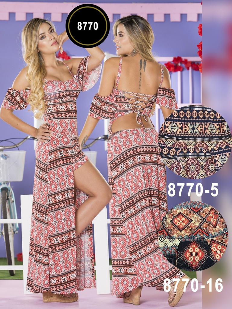 [11387705YB01] Women's Pink Boho Print Maxi Slit Set Look Dress 8770-5
