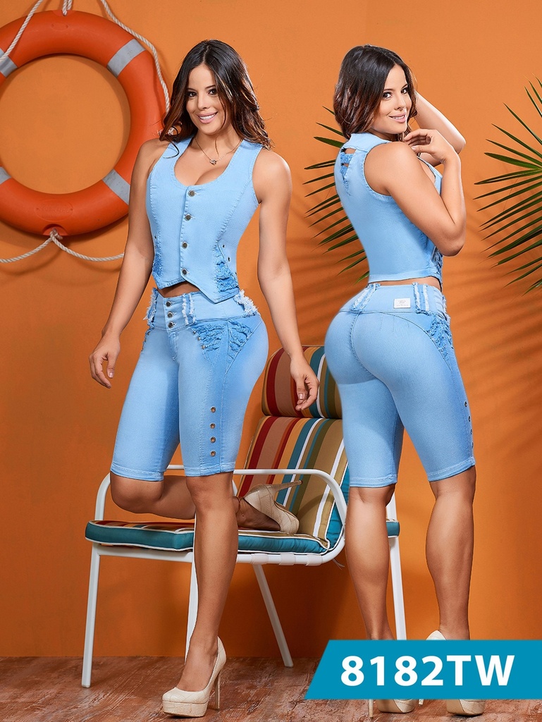 Conjunto de 2 Piezas Chaleco y Bermuda Mezclilla Clara para Mujer 8182TW