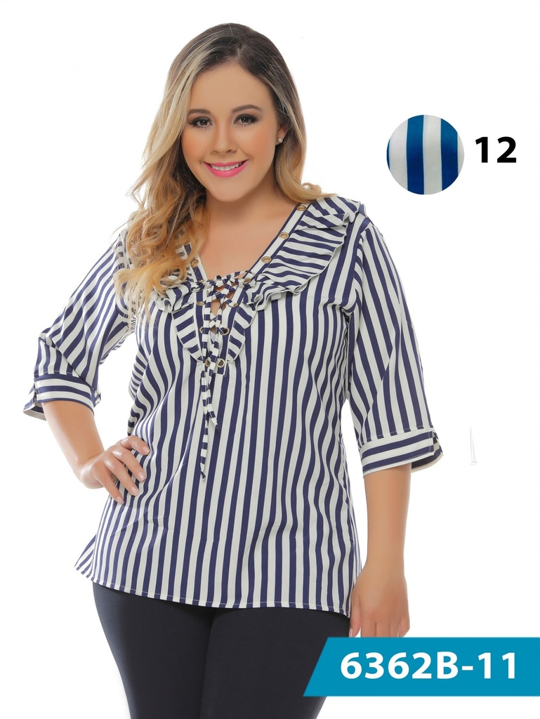 Blusa Talla Grande Abotonada Rayas Azul Marino para Mujer 6362B-11