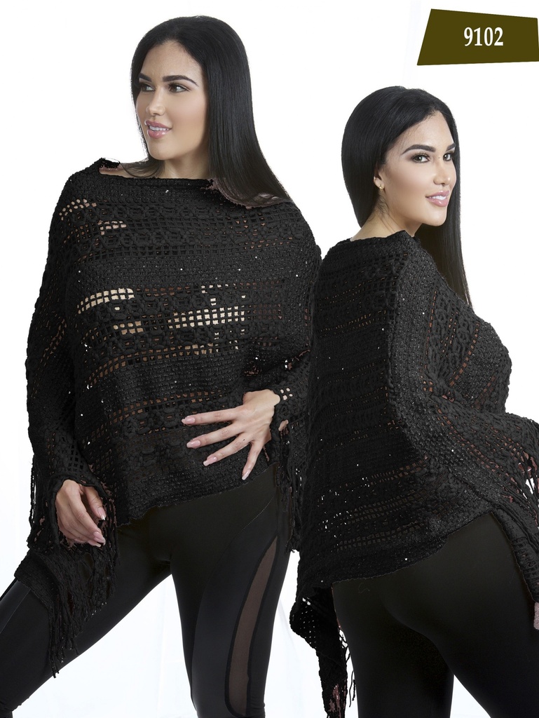 Suéter Poncho de Crochet Crochet Negro para Mujer 9102