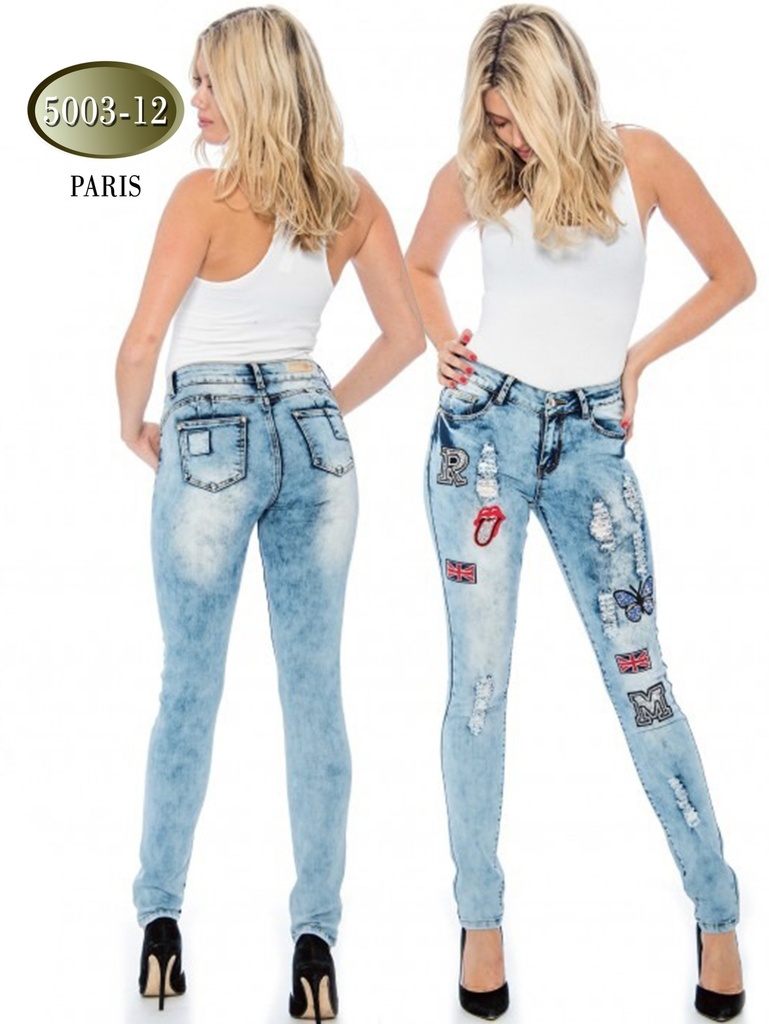Jeans Levantacola Ajustados con Parches Lavado Ácido Claro para Mujer 20050031207