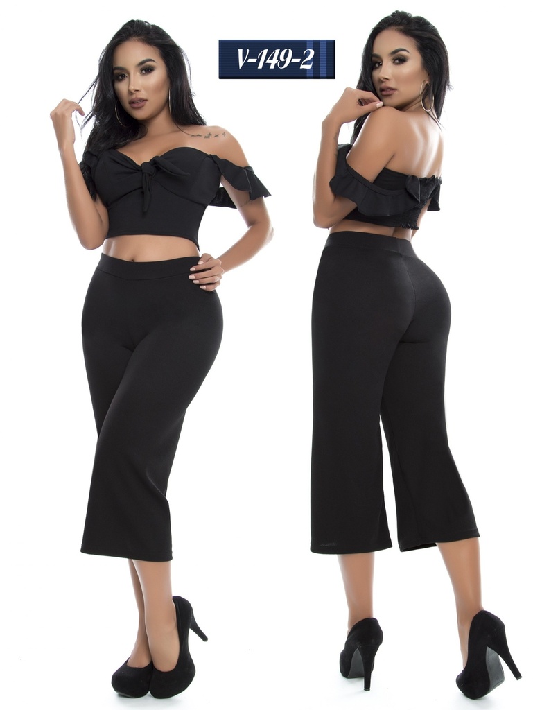 Conjunto de 2 Piezas Top con Volante y Pantalón Culotte Negro para Mujer V-149-2