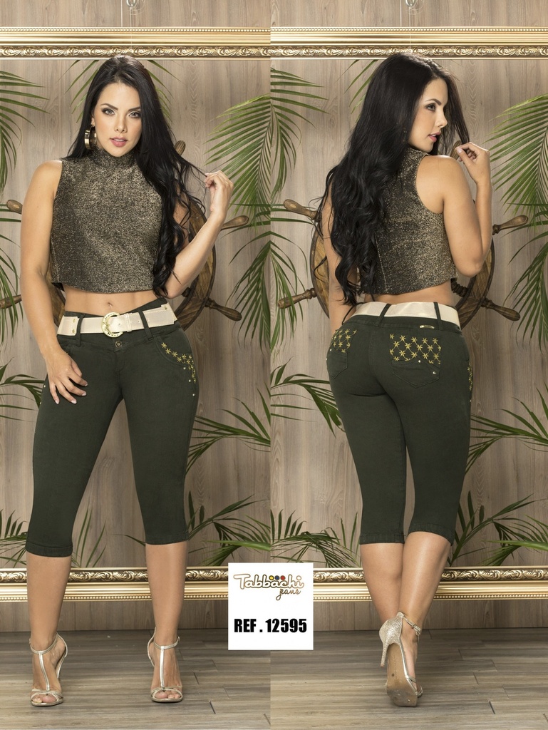 [00010112595T01] Women's Olive Green Butt Lift Capri Jeans 12595T