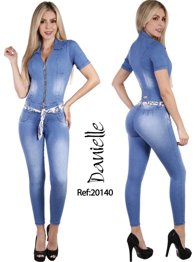 [10920140D03] Women's Medium Denim Short Sleeve Belted Jumpsuit 20140