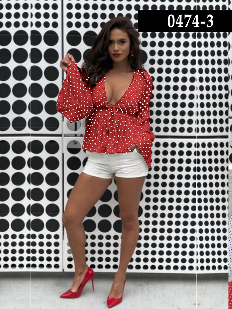 [25604743S] Women's Red Polka Dot Tie-Front Bell-Sleeve Blouse 0474-3