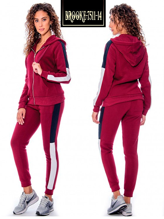 Conjunto Deportivo Chaqueta con Cierre y Jogger con Rayas Vino Tinto y Blanco para Mujer 7511-14