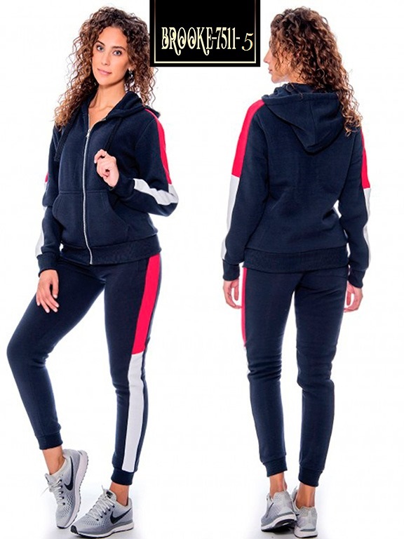 Conjunto Deportivo Sudadera con Cierre y Jogger con Franja Azul Marino y Rojo para Mujer 7511-5
