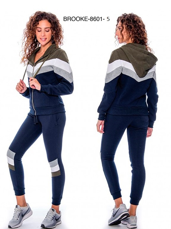 Conjunto Deportivo Sudadera con Cierre y Jogger Azul Marino y Verde Oliva Chevron para Mujer Brooke-8601-5