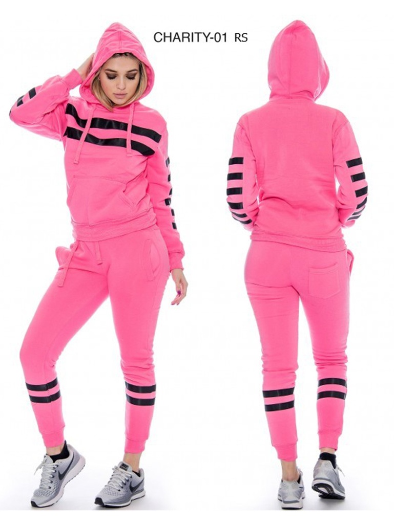 Conjunto Deportivo Sudadera y Jogger con Rayas Rosa Neón y Negro para Mujer Charity-01 Pink