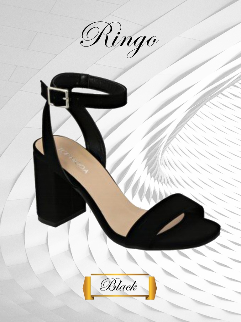 [200RINGOB10] Women's Black Ankle Strap Block Heel Sandal Heels Ringo