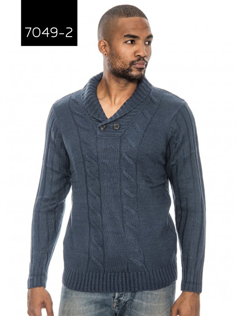Suéter para Hombre Azul Pizarra de Punto Trenzado con Cuello Chal – L.A
