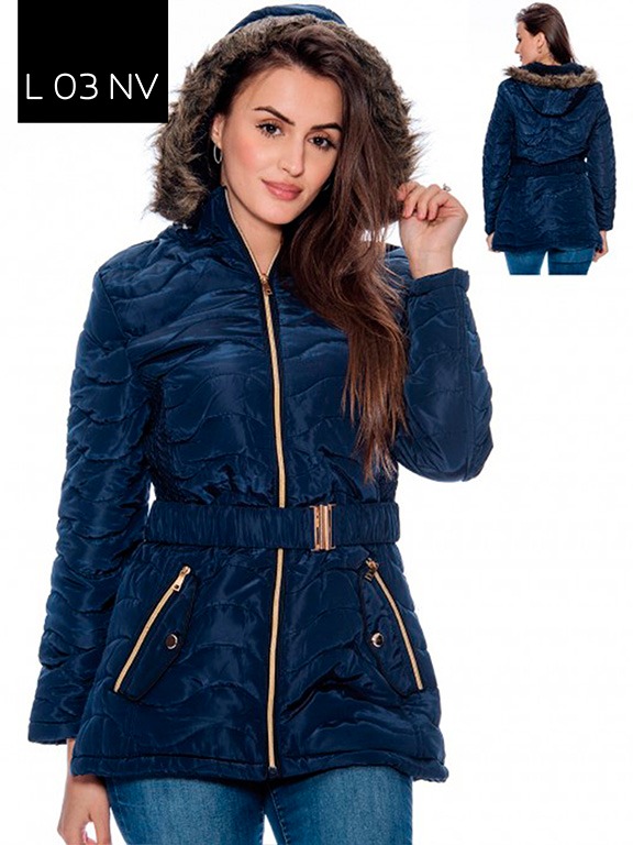 [200L03NVS] Women's Navy Belted Faux Fur Hooded Puffer Jacket L03NV