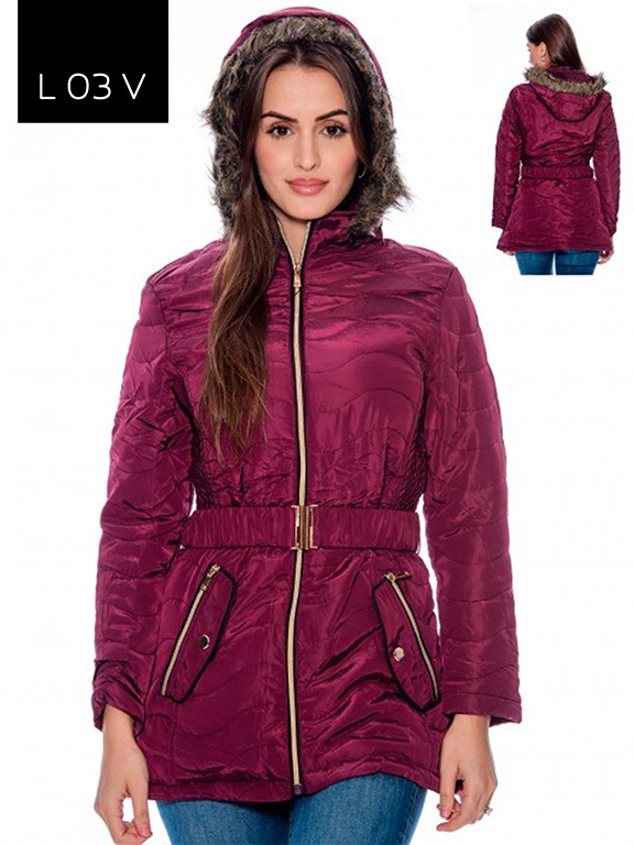 Chaqueta Acolchada con Cinturón y Capucha Vinotinto para Mujer L03V