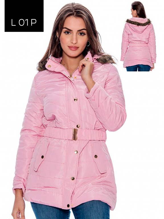 [200L01PS] Women's Pink Belted Faux Fur Hooded Puffer Jacket L01P