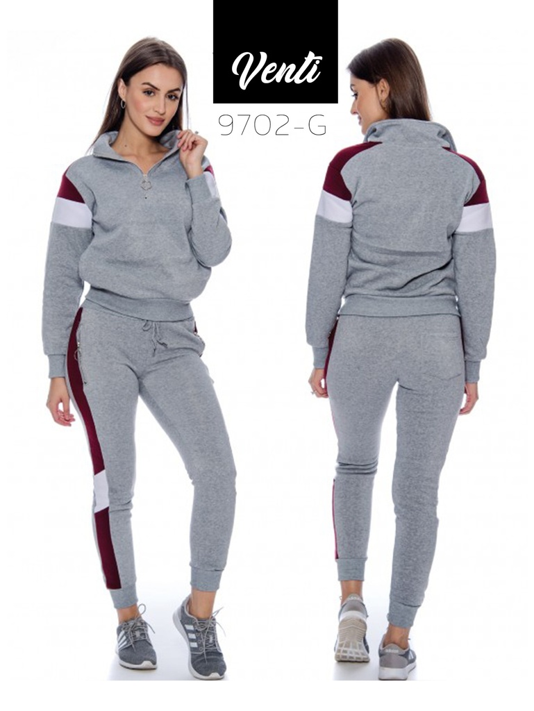 Conjunto Deportivo Sudadera y Jogger Gris y Vino Tinto para Mujer Venti-9702-G