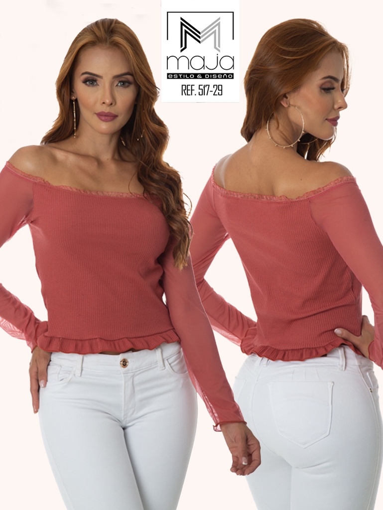 [30151729XL] Women's Dusty Rose Off-Shoulder Long-Sleeve Blouse 30151729
