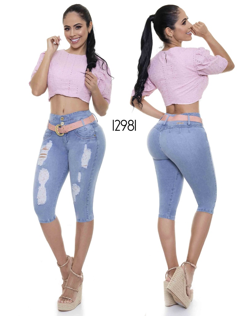 [0001011298101] Jeans Capri Levantacola Lavado Claro Roto para Mujer 12981