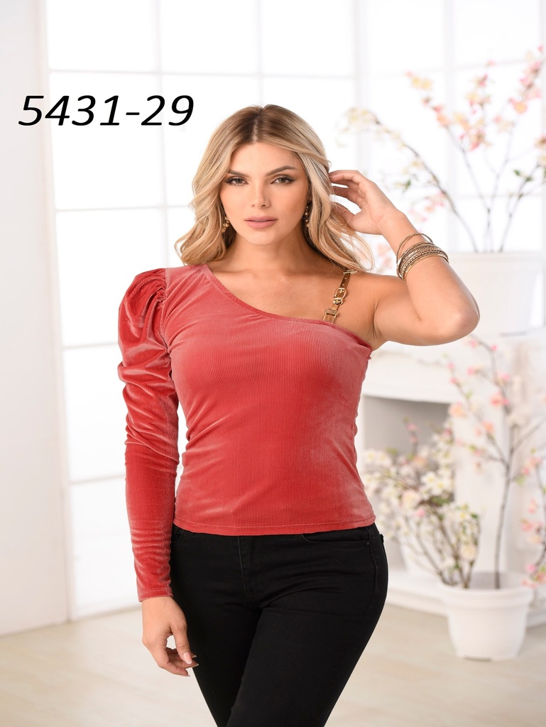 [252543129S] Women's Coral Velvet One-Shoulder Long-Sleeve Blouse 5431-29