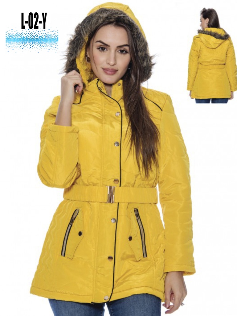 Women's Yellow Belted Faux Fur Hooded Puffer Jacket L-02-Y