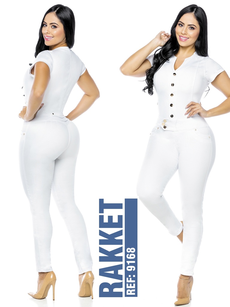 [2619168R01] Women's White Short Sleeve Button Front Butt Lift Jumpsuit 9168