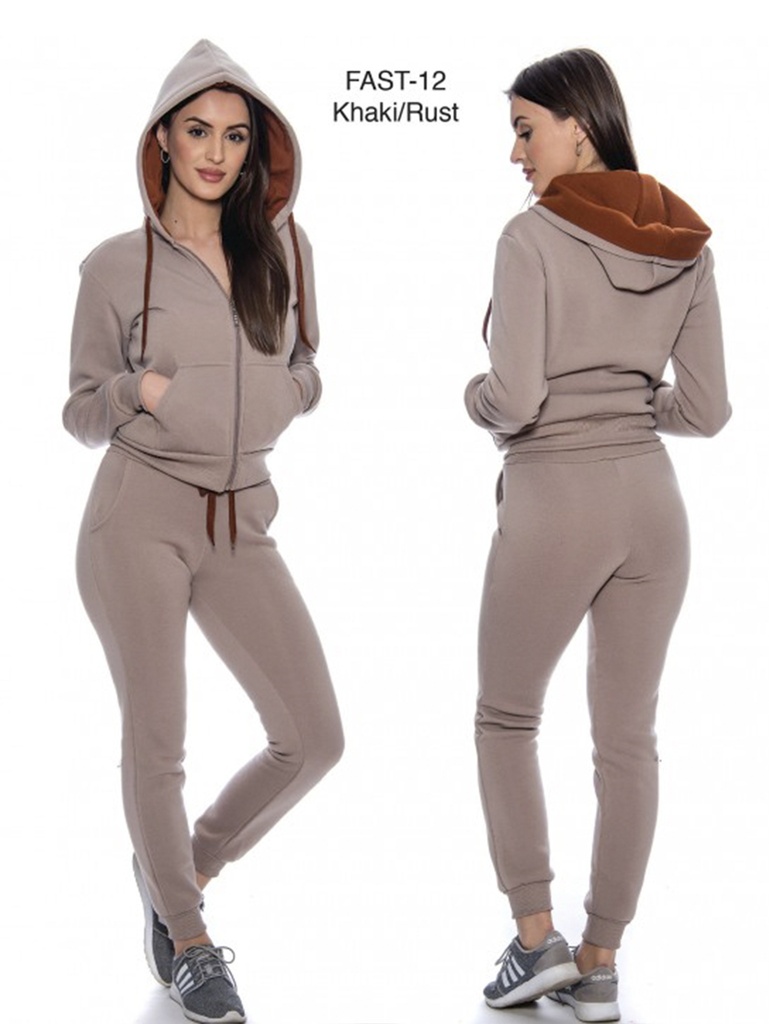 Conjunto Deportivo Sudadera con Cierre y Jogger Caqui y Óxido para Mujer Fast-12 Khaki