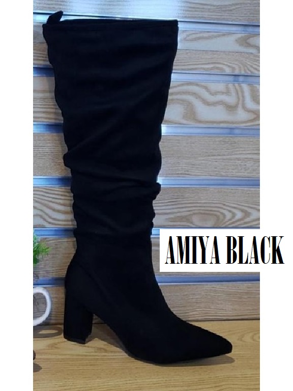 [316AMIYAB7] Women's Black Suede Slouchy Pointed Toe Block Heel Boots Amiya