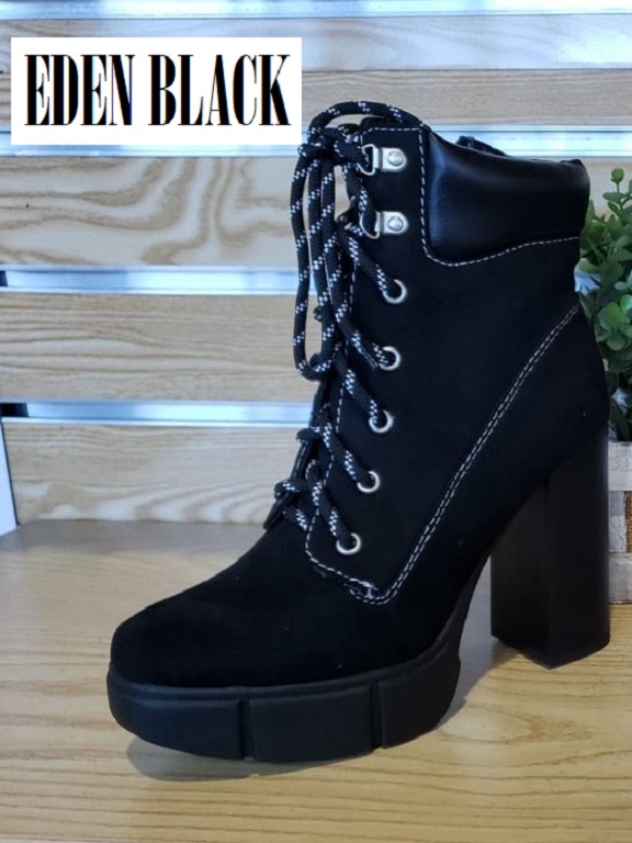 [316EDENB10] Women's Black Suede Lace-Up Chunky Platform Ankle Boots Eden