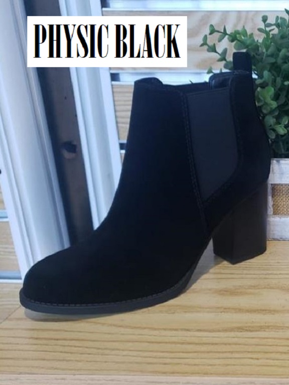 Botines Estilo Chelsea con Tacón Grueso Gamuza Negra para Mujer Physic