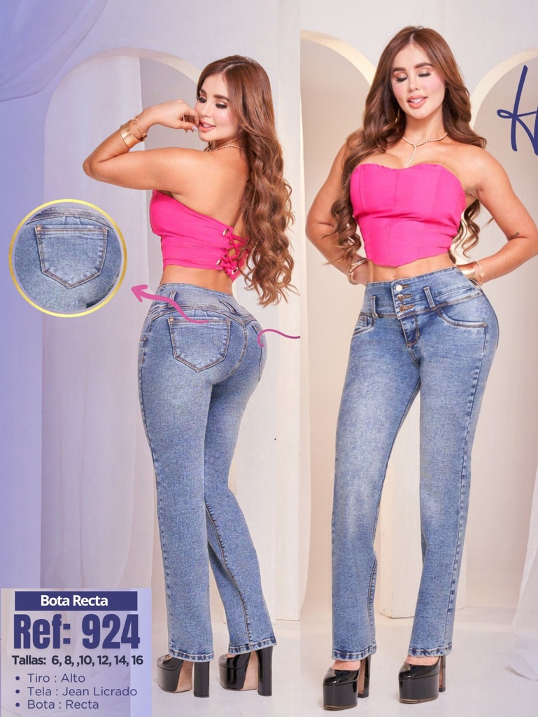 Jeans Levantacola Colombiano Bota Recta 924 – Tiro Alto, Azul Claro