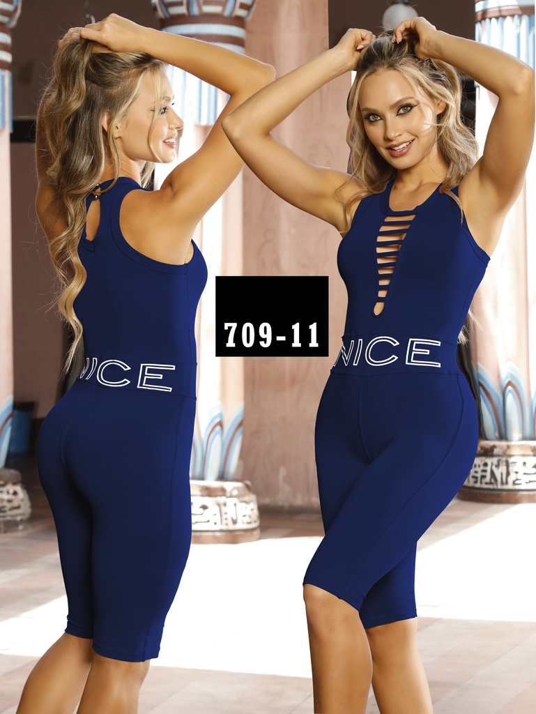 Women's Navy Blue Lace-Up Neckline Bermuda Jumpsuit 709-11