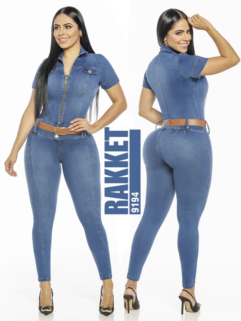 [2619194R03] Women's Medium Denim Short Sleeve Zip Butt Lift Jumpsuit 9194