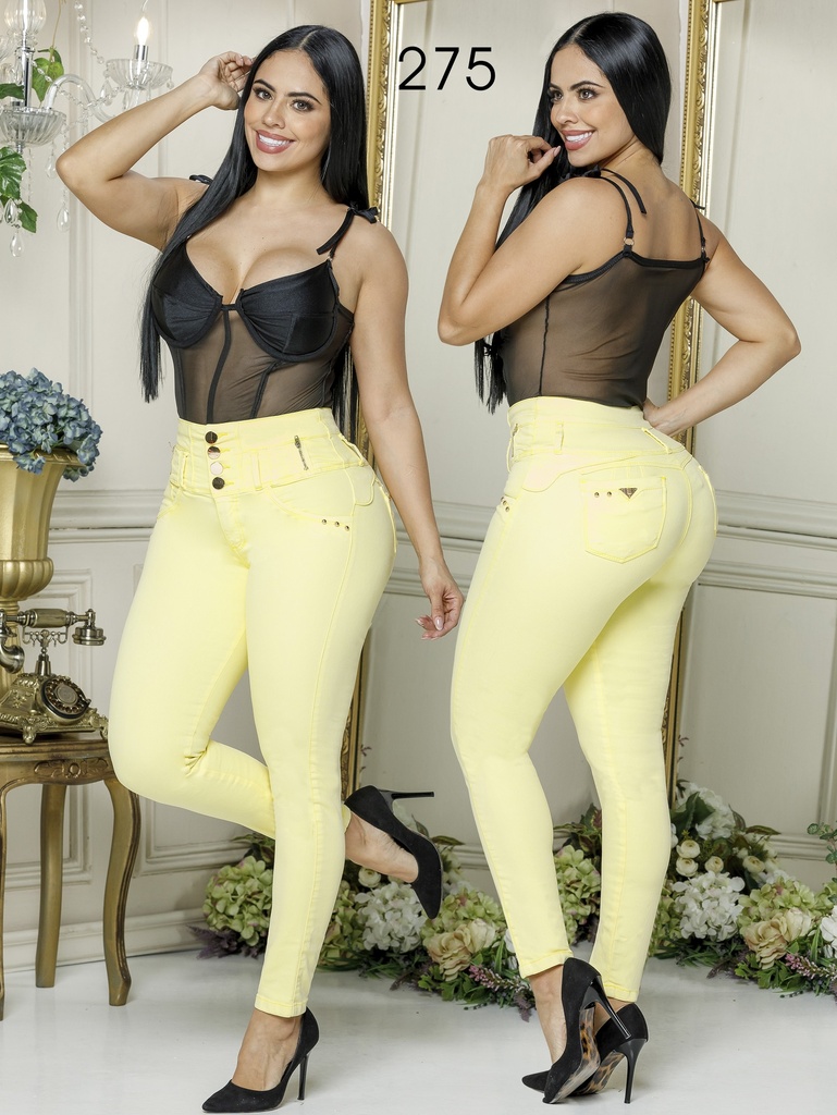 Jeans Levantacola Ajustados Amarillo Pastel para Mujer 275