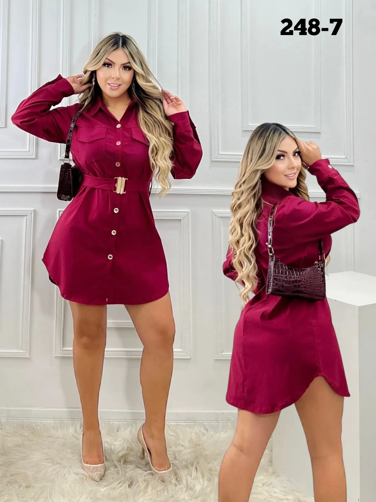 Vestido Camisero Colombiano con Cinturón – Manga Larga, Vino Tinto