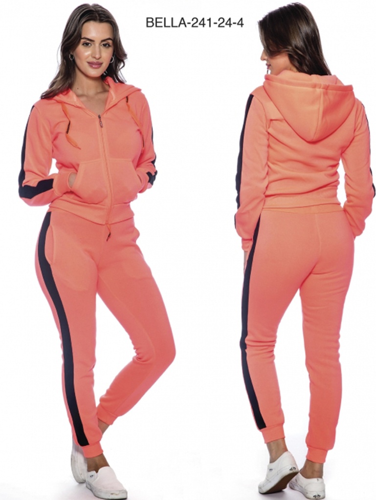 [200BELLA241244XXL] Women's Coral Zip Hoodie & Side Stripe Joggers Activewear Set Bella-241-24-4
