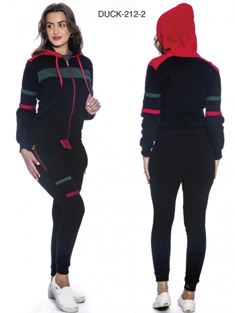 [200DUCK2122XXL] Women's Black & Red Hoodie & Joggers Activewear Set Duck-212-2