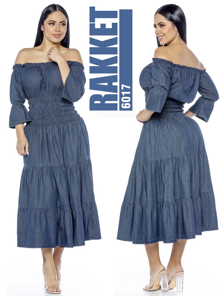 Women's Denim Blue Off-Shoulder Tiered Midi Dress 6017