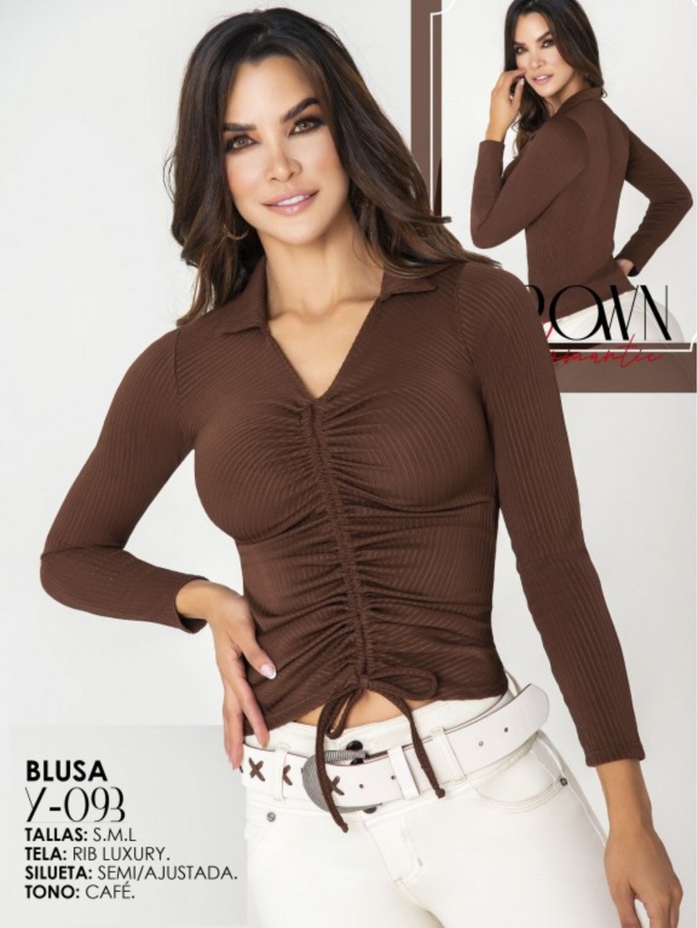Crop Top Fruncida Manga Larga Escote V Café para Mujer 7-093