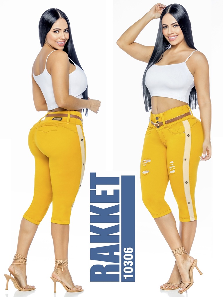 [26110306R07] Jeans Capri Franja Lateral Levantacola Amarillo Mostaza para Mujer 10306