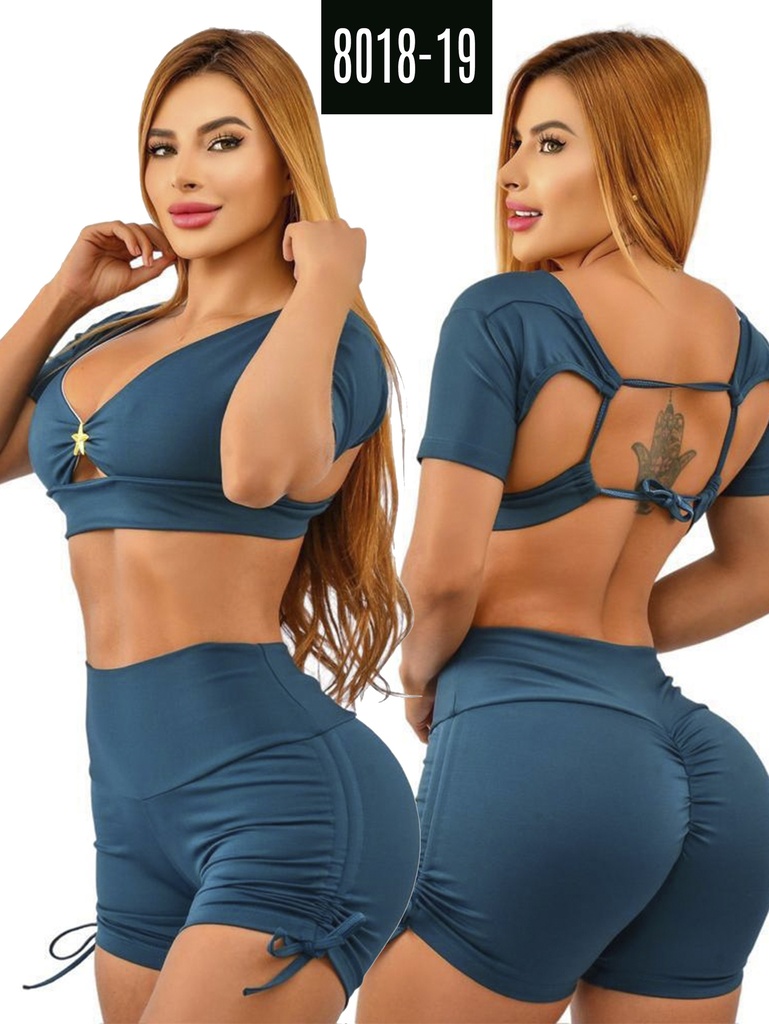 [355801819] Women's Teal Crop Top & Scrunch Shorts Activewear Set 8018-19