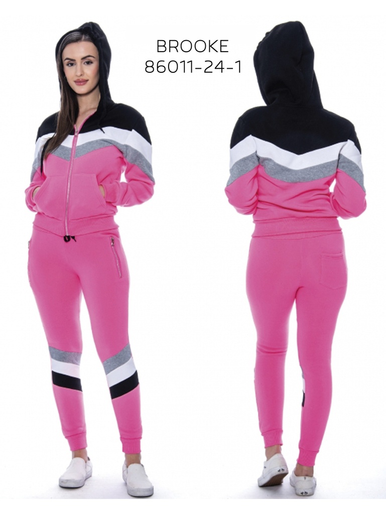 Women's Pink & Black Chevron Zip Hoodie & Joggers Activewear Set Brooke-86011-24-1