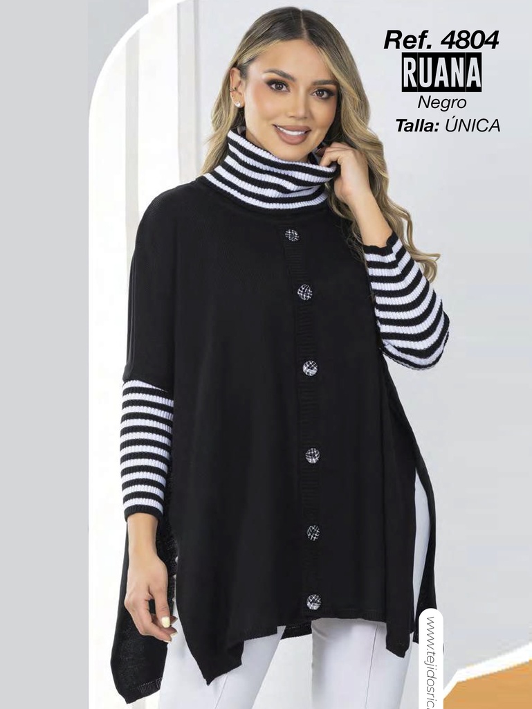 [3464804N] Women's Black Striped Cowl Neck Button Ruana Sweater 4804