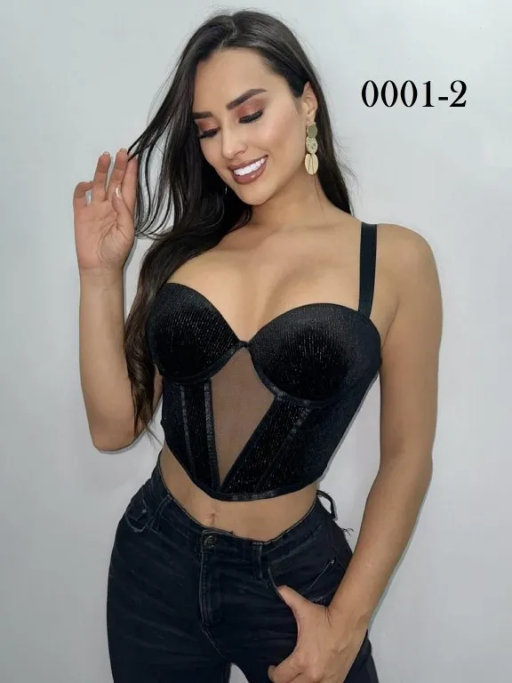 [3730001234A] Crop Top Estilo Corsé con Tul Negro para Mujer 0001-2