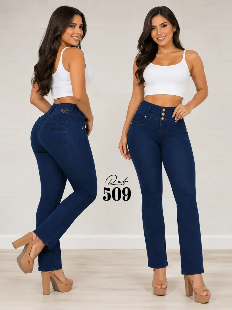 Jeans Corte Recto Tiro Alto Azul Marino para Mujer 509