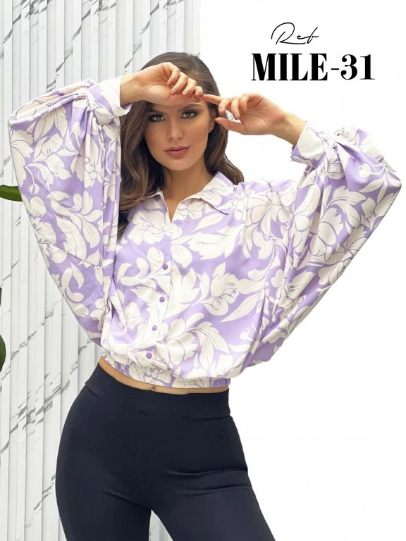 Crop Top Mangas Globo Floral Lila para Mujer MILE-31