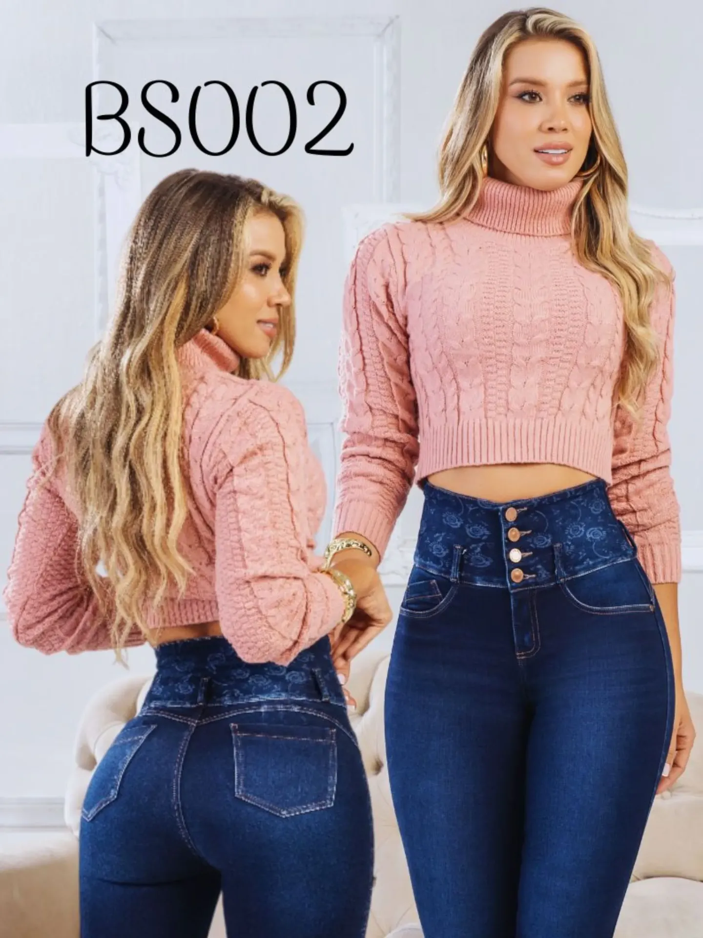 [312BS002] Women's Pink Cable-Knit Cropped Turtleneck Sweater – BS002