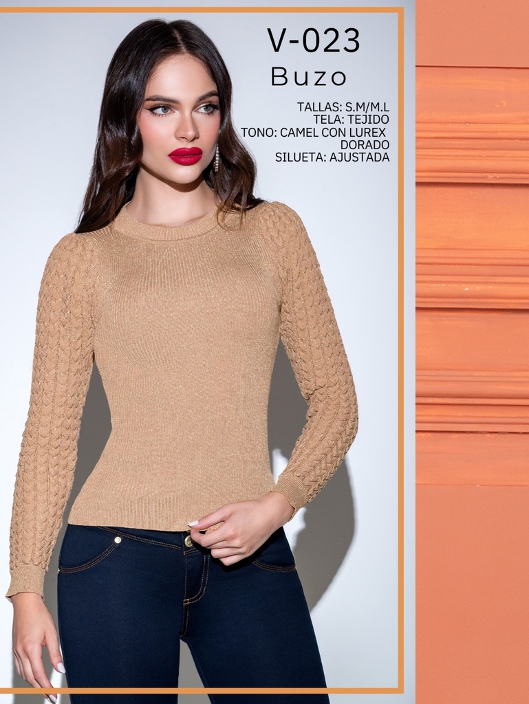 [287V023S/M] Women's Camel Cuello Redondo Tejido Waffle Sweater Crew Neck Waffle Knit