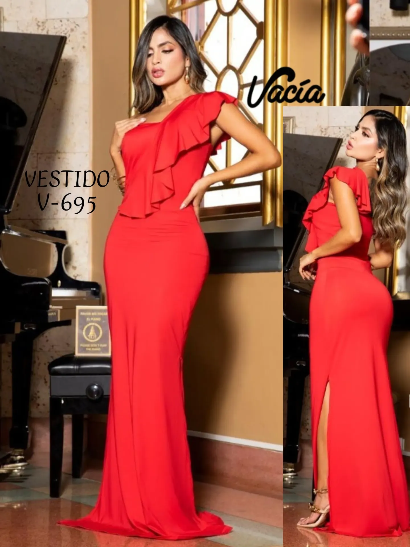 Women's Red One-Shoulder Ruffle Maxi Dress V-695