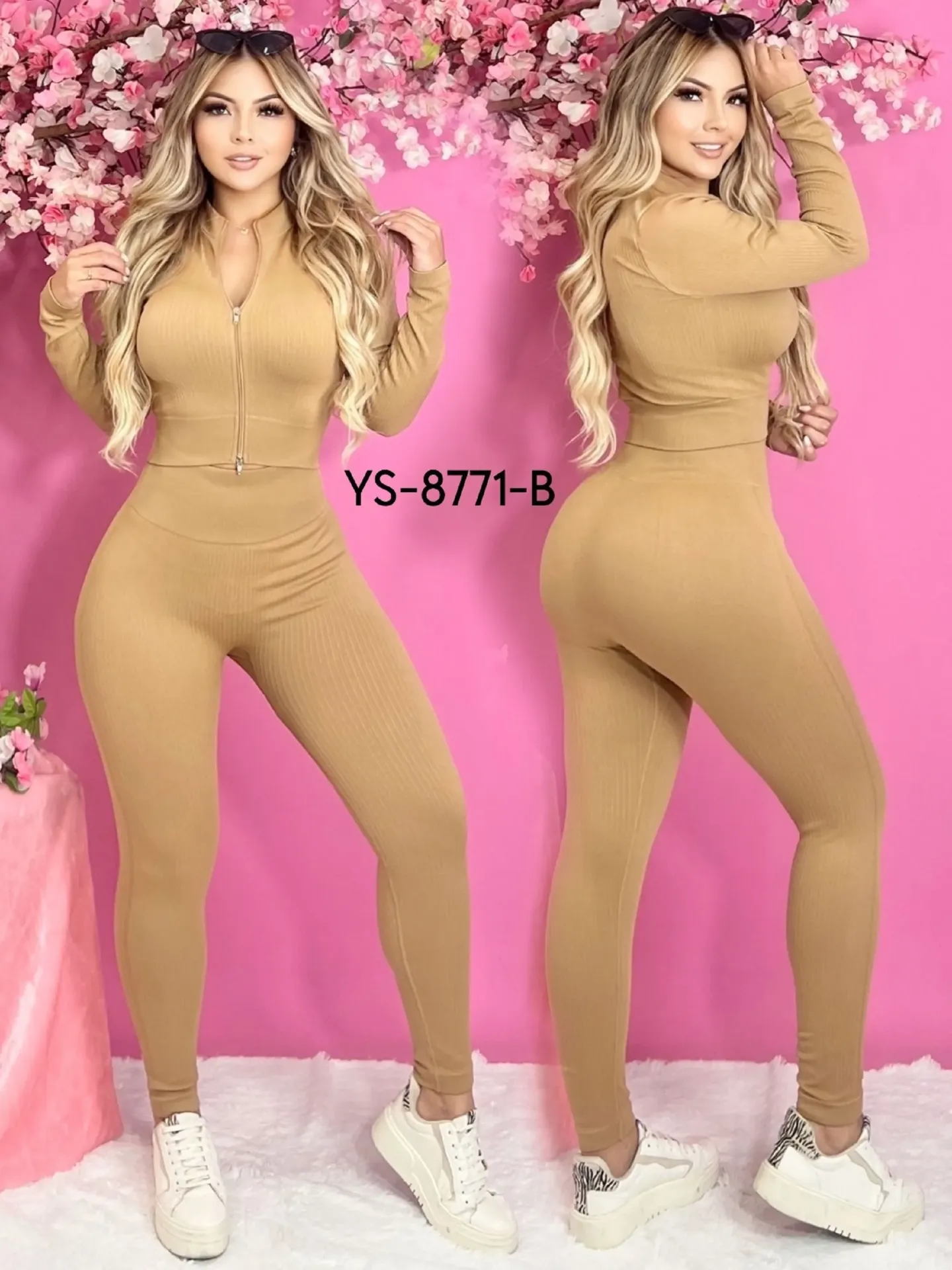 [327YS8771BS] Women's Beige Ribbed Zip Top & Leggings Activewear Set YS8771-B