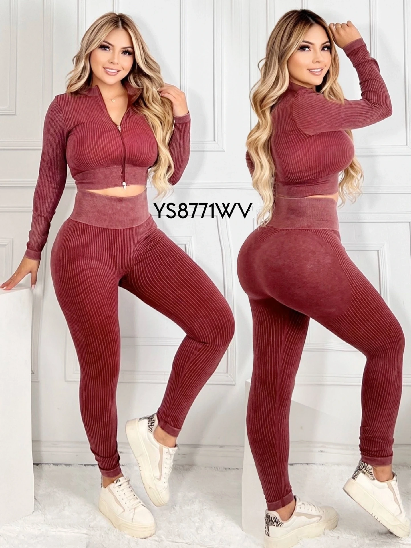 Conjunto Deportivo Top con Cierre Acanalado y Leggings Vino Tinto para Mujer YS8771-VS